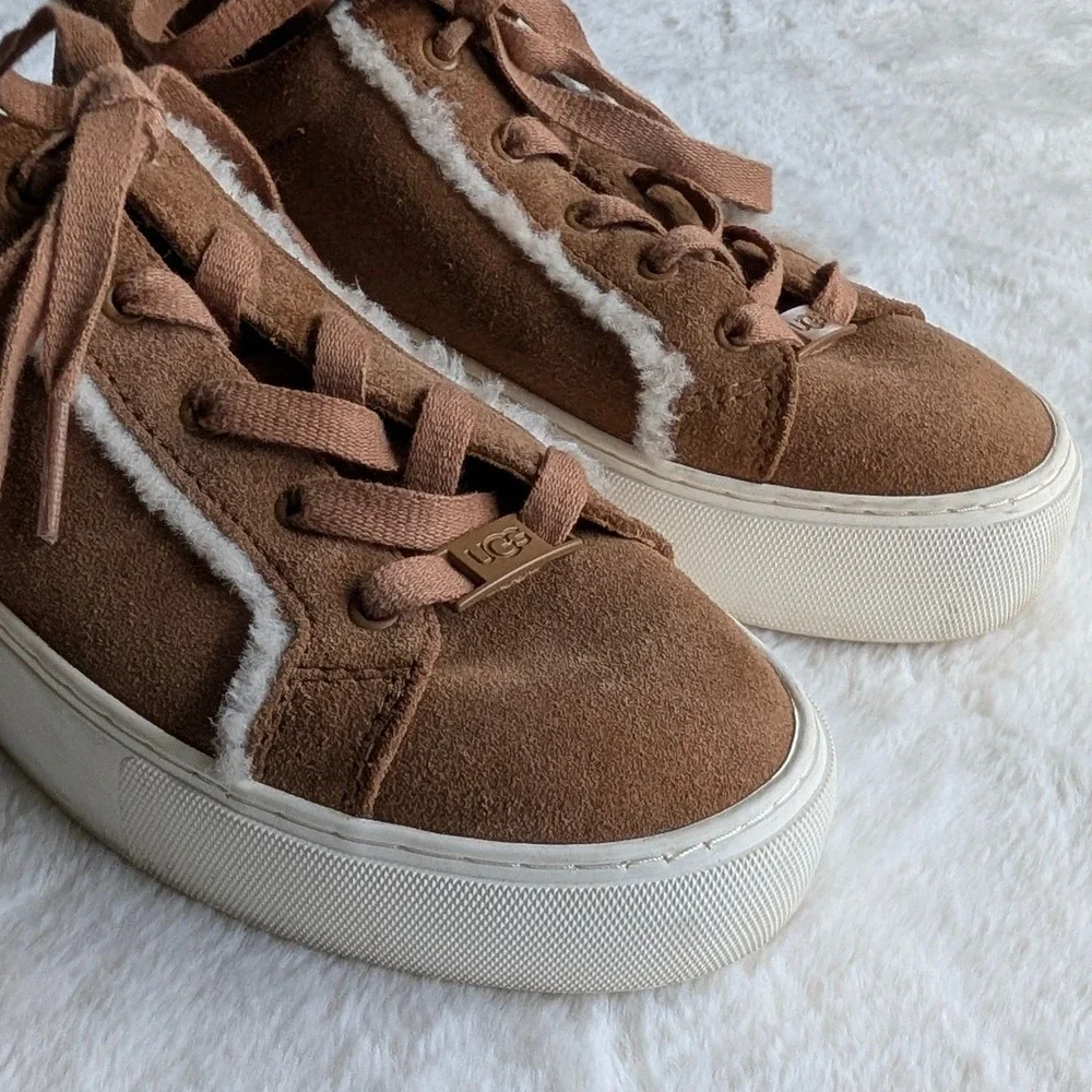 UGG Jass Suede Shearling Platform Sneakers Chestnut Brown Women 7